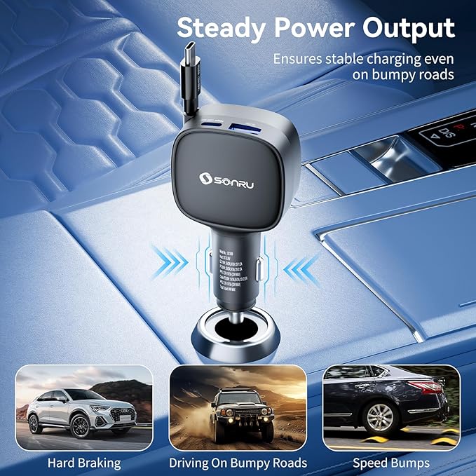 84W Max Retractable Fast Car Charger, Dual PD 33W USB C Car Charger, Cigarette Lighter Adapter with Built-in Retractable Cable for iPhone15/16/17, Samsung, Android, Equipped with a 31.5 inch Cable