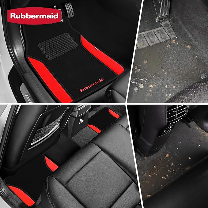 Rubbermaid Car Mats, Carpeted Floor Car Mat with Faux Leather & Built-in Heel Pad, Two-Tone Car Rug Floor Mats, Stylish Carpeted Floor Mats for Cars, Trucks & SUVs Red Color