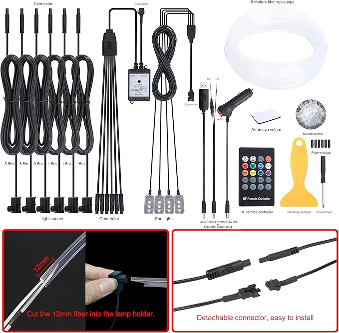 Car Atmosphere Light Kit 8m Fiber Optic Multicolor Sound Active Music Sync Memory Function RF Remote Controller Control 64 Colors USB Car Interior Footwell Ambient Lighting Kit