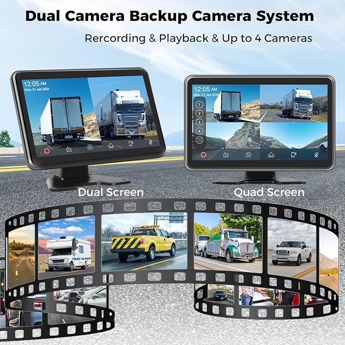 Truck RV Camera System with CarPlay & Android Auto,10'' Touch Screen Monitor with Recording & Voice Control & Navigation, 2 HD1080P Wired Rearview Backup Camera for Semi Trucks, RVs, Trailers