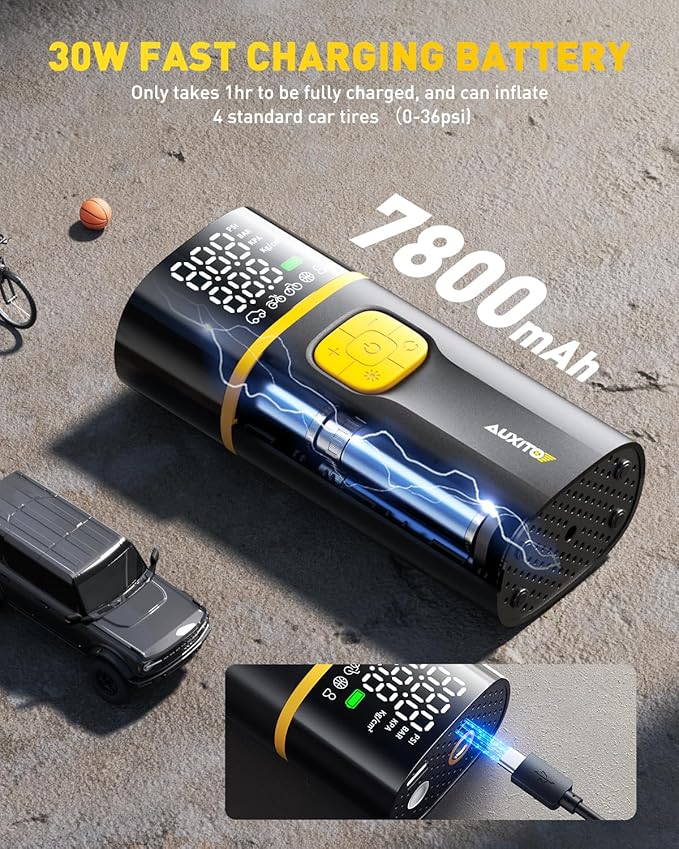 AUXITO AS1 PRO Tire Inflator Portable Air Compressor - 150PSI Dual Cylinder 7800 mAh & 12V DC, Bike Pump Air Pump for SUV, Truck, Bike, Motorcycle with Digital Tire Pressure Gauge, Car Gifts for Men