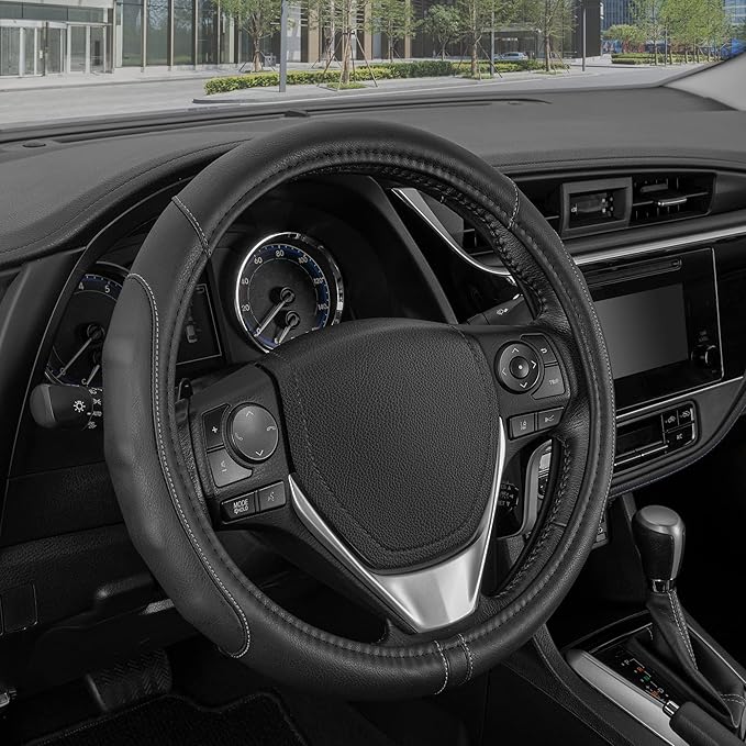 Motor Trend GripDrive Faux Black Leather Steering Wheel Cover for Car Truck Van SUV, Small 14 inch Size, Gray Accent Stitched Car Steering Wheel Cover Vehicle & Auto Accessories