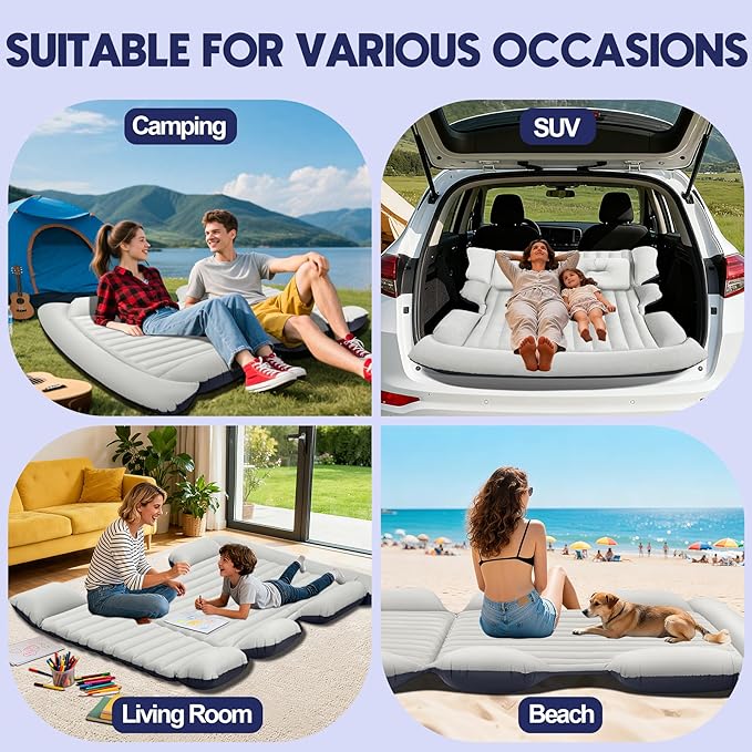 SUV Air Mattress with Air Pump,Thickened Camping Bed with 2 Pillows,Portable Car Air Mattress,Quick Easy Set-Up,Inflatable Bed for Car,Durability car Bed for SUV, Home,Travel,Camping(GreyBlue)