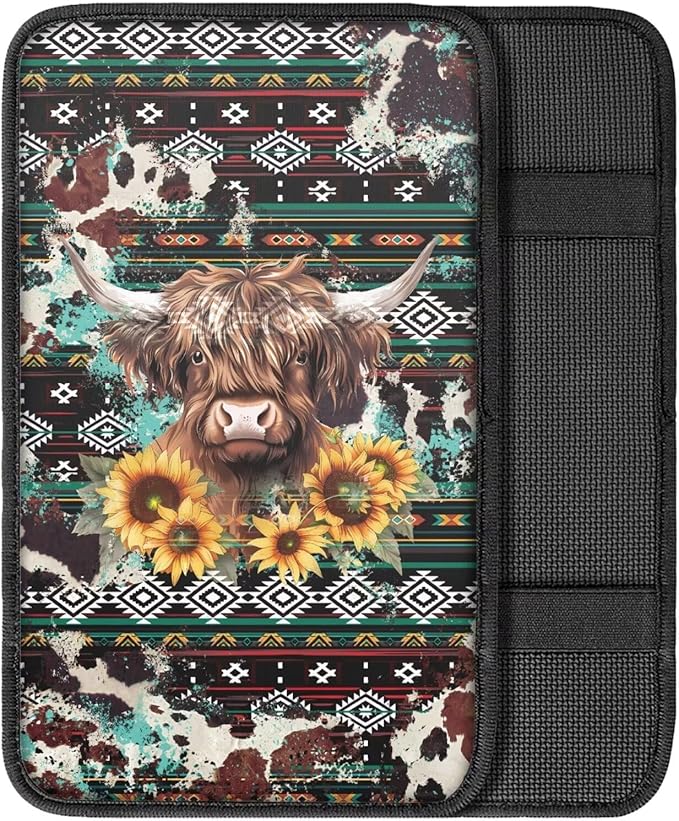 UNICEU Southwestern Cowhide Highland Cow Auto Center Console Pads Comfortable Non Slip Car Armrest Storage Box Mat Universal Fit Auto Interior Accessories for Women Men