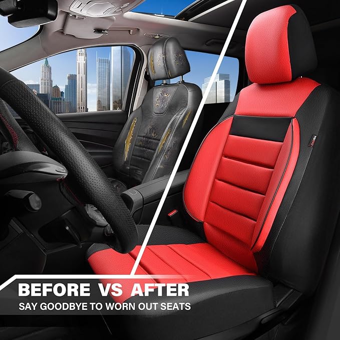 CAR PASS Leather Car Seat Covers Front Seats Only, Universal Fit Automotive Interior Waterproof 3D Foam Back Support Car Seat Covers for Trucks Vans and SUVs Airbag Compatible 2 Pieces （Black Red