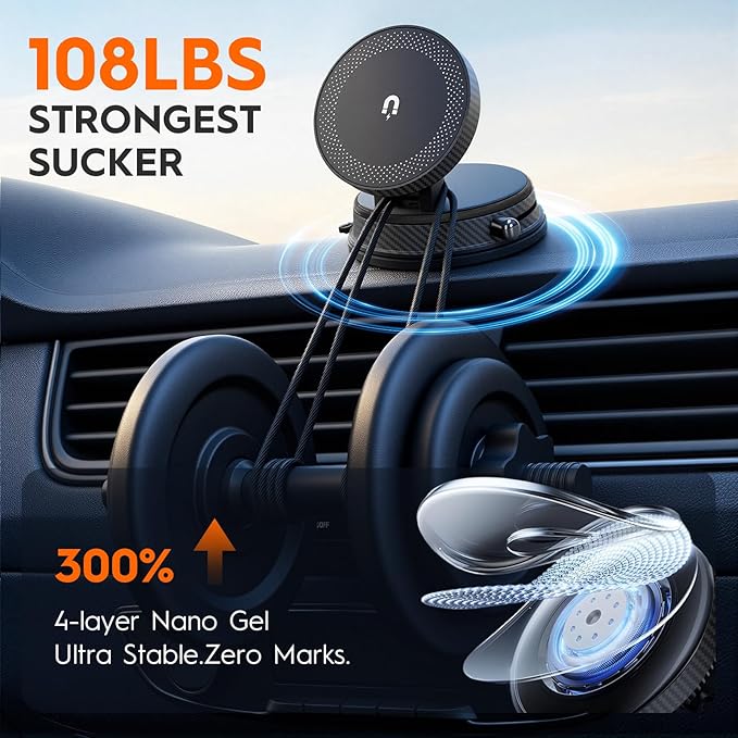 Magnetic Car Phone Holder for MagSafe, 15W Wireless Charging, 360° Adjustable Dashboard Mount, Compatible with iPhone 12-17 & Android (Black)