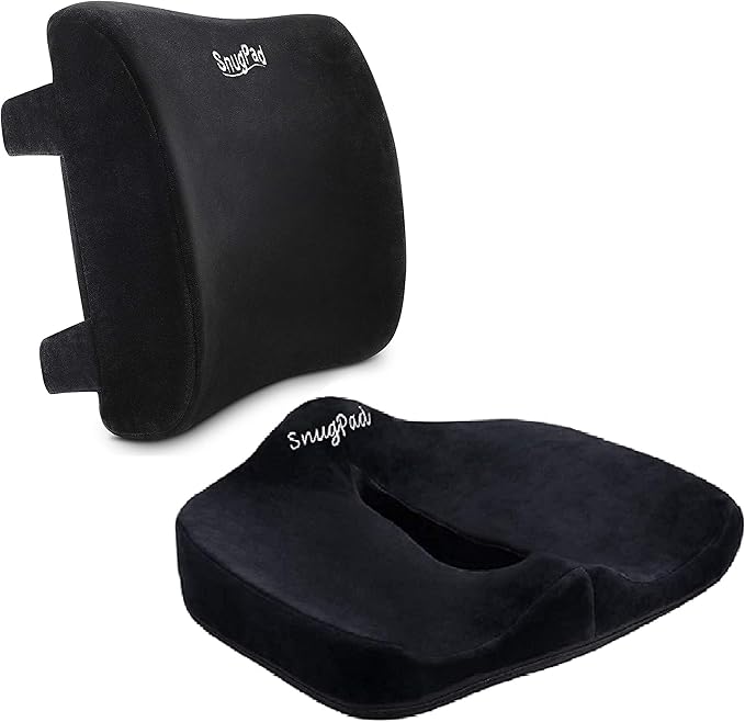 SnugPad Memory Foam Lumbar Pillow and Seat Cushion Combo, Ergonomic, Orthopedic, Lower Back Support, Premium Washable Velvet Covers with Non-Slip Bottom, Ideal for Office Chairs and Car Seats (Black)