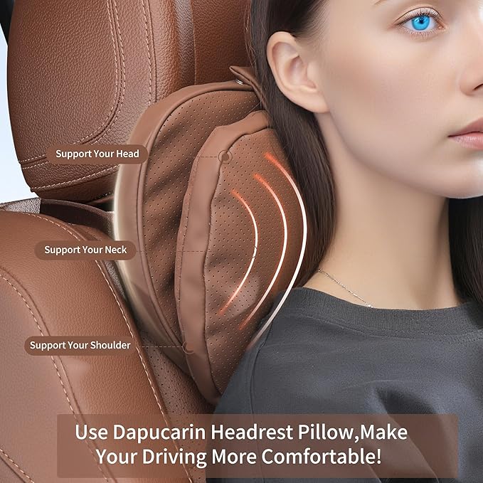 Car Headrest Pillow for Driving, Dual-Sided Leather Design Neck Pillow, Breathable Softness Neck Support, Universal Fit Head Rest Travel Pillow, Brown, 1 Pack