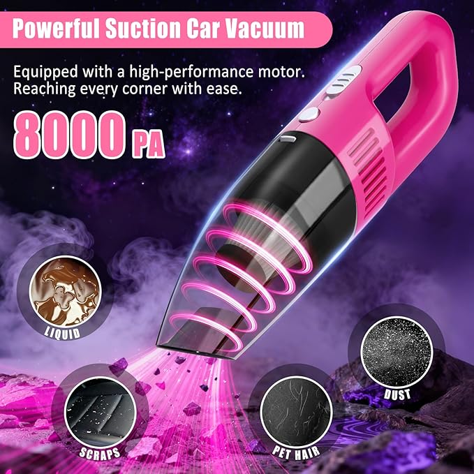 AUTODECO Car Cleaning Kit, Car Vacuum Interior Detailing Cleaner Kit with High Power Handheld Vacuum, Brush Set, Windshield Tool, Duster, Towels, Complete Car Care Tools for Women (Pink)