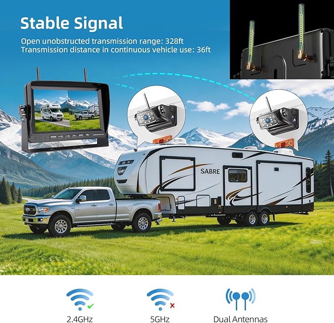 ZEROXCLUB Magnetic Wireless RV Backup Camera System: 7" HD 1080P DVR Monitor with 2-Rear Camera, DVR Monitor & IR Night Vision, Portable Rechargeable Camera for RV/Trailer/Fifth Wheels/Camper BC702