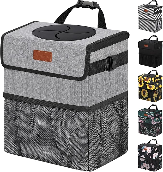 Vankor 3 Gallons Car Trash Can with Lid, Car Trash Bag Bin Hanging Waterproof Automotive Garbage Cans Leak Proof Vehicle Can Grey