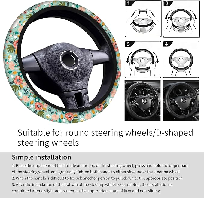 Car Steering Wheel Cover, Universal 15 Inch Neoprene Non-Slip Steering Wheel Covers, Funny Car Accessories for Women Men Fit Auto, Suvs, Truck Cute Green Floral