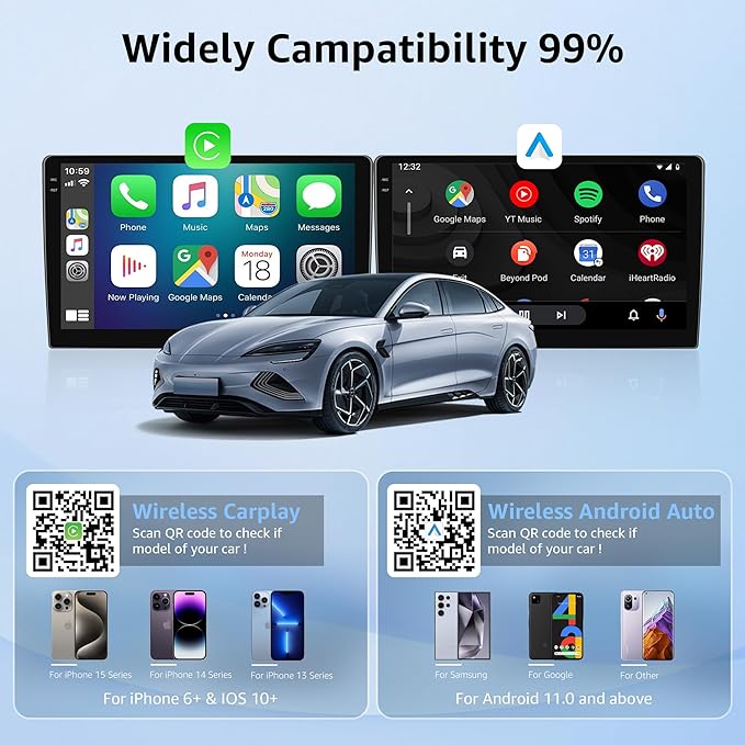 2-in-1 Wireless CarPlay & Android Auto Adapter, Smallest Mini Edition, Converts Wired to Wireless, Plug & Play Adapter for Apple iPhone iOS 10+ & Android 11+