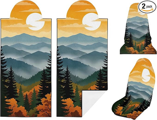 2 Pack Car Seat Towel Covers, Sweat Protector for Front Seats, Premium Thickened Microfiber with National Park Geyser Landscape, Breathable & Quick Dry, Slip-on Headrest Pocket for Gym, Beach, Running