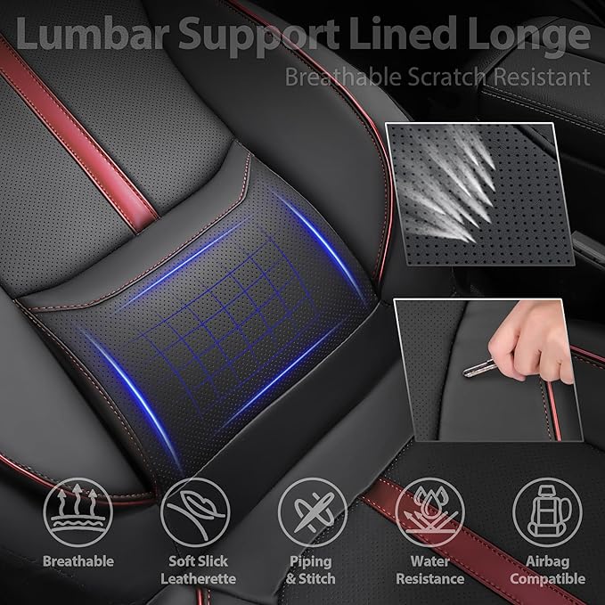 CAR PASS Nappa Leather Two Front Car Seat Covers, Water Resistant Faux PU Leather Seat Covers, 3D Foam Support Automotive Seat Covers Comfortable & Durable Universal Fit for Cars SUV Truck, Black Red