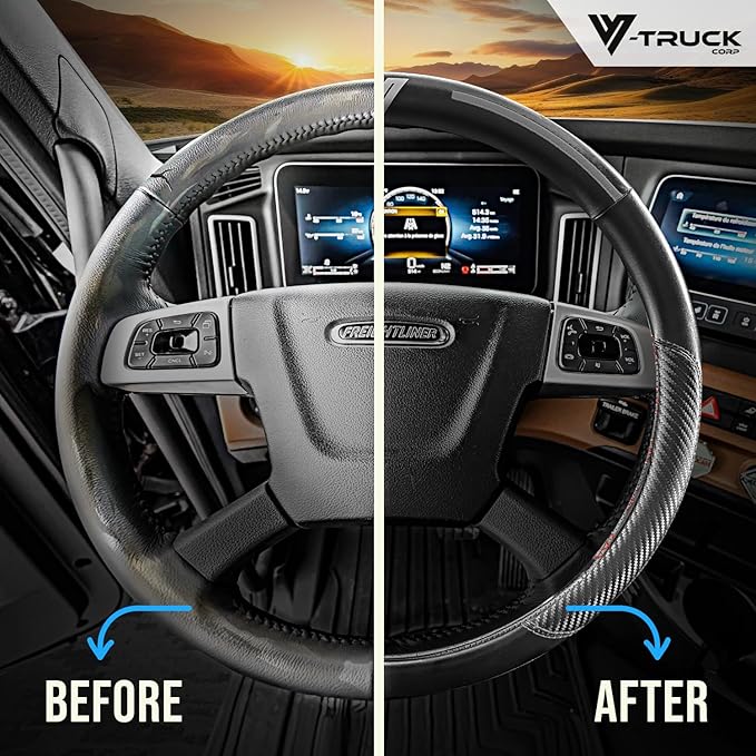 18-Inch Genuine Leather Steering Wheel Cover for Semi Trucks – Black with Grey Stripes, Universal Fit Heavy-Duty Non-Slip Grip, Comfortable Control, Easy Installation