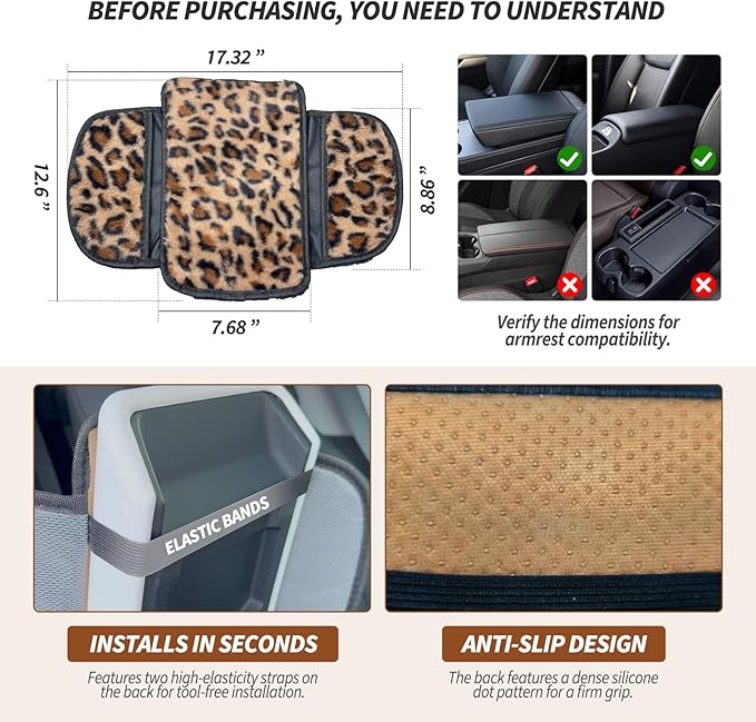 Plush Leopard Print Car Center Console Cover with Side Pockets, Fluffy Armrest Cushion Pad,Soft Cheetah Car Interior Decorations Accessories with Storage for Women,Universal Fit for Vehicles SUV Truck