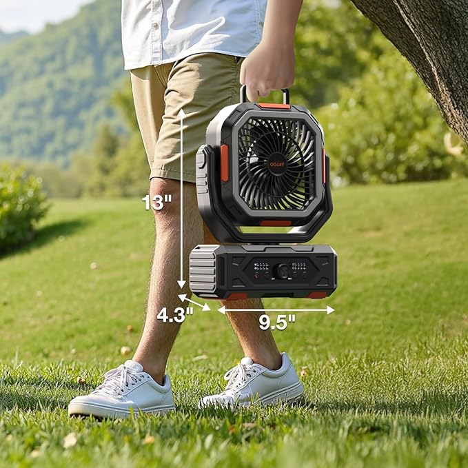 OGERY Camping Fan, Portable Fan Rechargeable with 30000mAh Battery, Stepless Speed Control, Fast Charging, Remote & LED Lantern for Tent, Travel, Car Camping, Camping Essentials