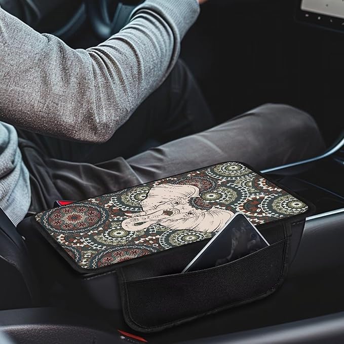 Boho Mandala and Elephant Print Center Console Covers for Cars Lightweight Armrest Cover for Car Washable Car Armrest Cushion Universal for Most Vehicle SUV Truck