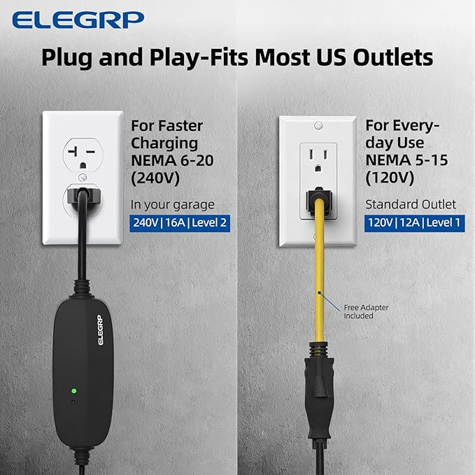 ELEGRP Level 1/2 EV Charger, 16 Amp, Portable J1772 Electric Car Charger, 21FT Cable, NEMA 6-20 & 5-15 Adapter, 110V-240V for BEVs/PHEVs, PBE & LRC Technology