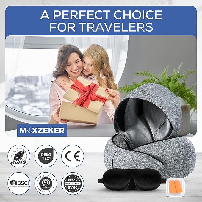 Travel Neck Pillows for Airplanes – Sleep Comfortably on Long Flights, Roadtrips, Home or Office. All-in-One Travel Sleep Kit with Hood, Eyemask and Earplugs