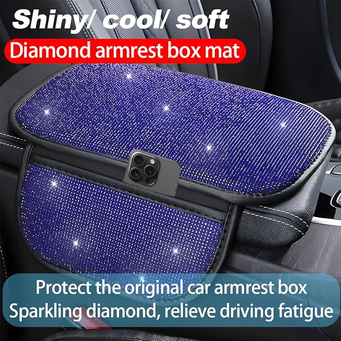 Bling Car Center Console Cover, Crystal Rhinestone Vehicle Armrest Cover Cushion with 2 Storage Bags for Women Girls, Diamond Auto Storage Box Protector Pad, Universal Fit (Blue)