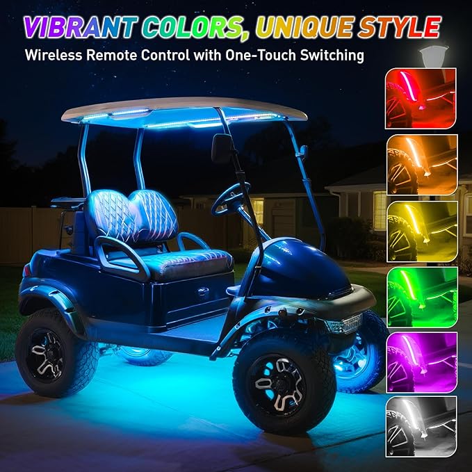 Golf Cart Underglow LED Light Strip Kit, 28 RGB Modes with Music Sync & Wireless Remote | 12-85V Wide Voltage, Fit Club Car, EZGO, Yamaha (2/4/6 PCS)