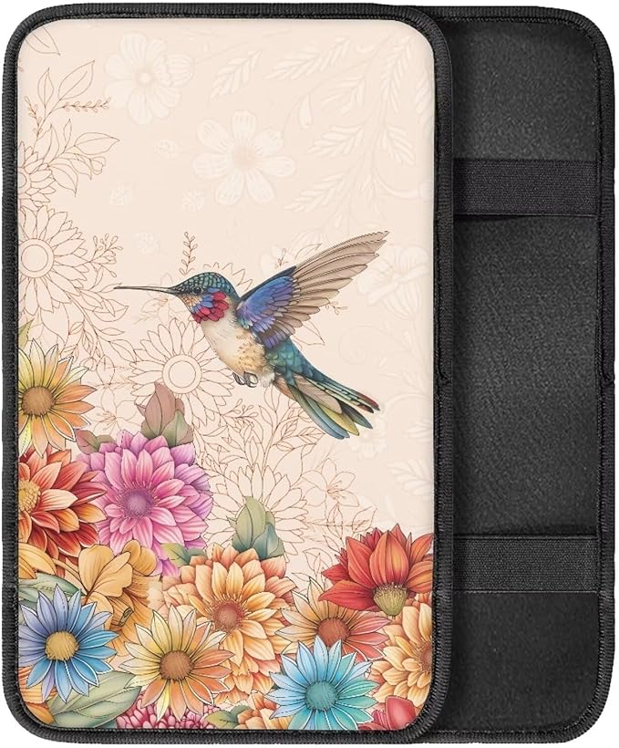 Center Console Armrest Cover Pad for Most Vehicle, Boho Flower Hummingbird Armrest Cushion Protector for SUV, Truck, Car,Universal Fit Car Accessories Interior
