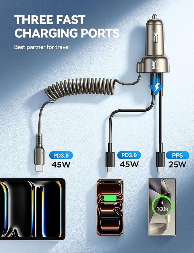 USB C 90W Car Charger for iPhone 17/16 Pro Max, PD & QC3.0 w/5 ft 45W Type C Coiled Cable, Fast Car Phone Charger Adapter for iPhone 17Air/15 Pro, Samsung Galaxy S25/S24/S23, Pixel 10/LG/Android, iPad