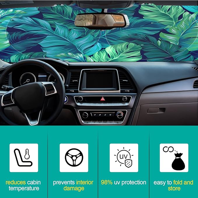 Windshield Sun Shade Foldable Car Front Window Covers for Car Accessories Sun Heat UV Rays Visor Protector Protection for Universal Cars SUV Truck(Leaf)