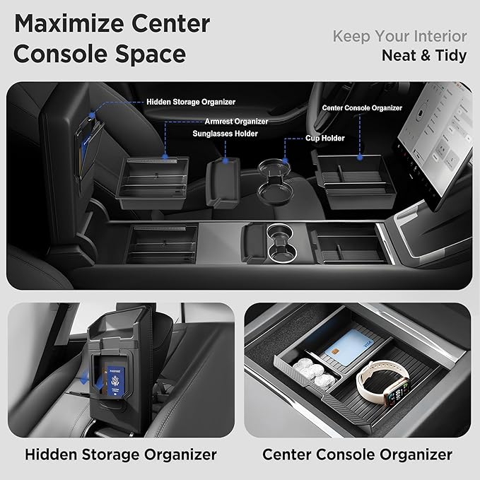 Center Console Organizer Tray for Tesla Model Y Juniper Accessories 2025 2026/For Tesla Model 3 Highland Accessories 2024 2025 2026 [Slide Smoothly/US Patent] Cup Holder Matte Black