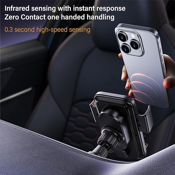 15W Wireless Car Charger & Auto Rotating Car Phone Holder MagSafe Compatible with LED Lights, Gesture Control Clamping, Auto Arm Opening, Built-In Battery, Dual Mount Options for Vent or Dashboard