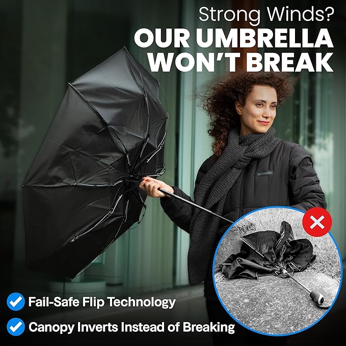 Rain-Mate Windproof Compact Umbrellas for Rain - Strong Reinforced Fiberglass Rib Design & Auto Open & Close - Portable Folding Travel Umbrella - Lightweight & Packable for Women & Men, Easy Collapse