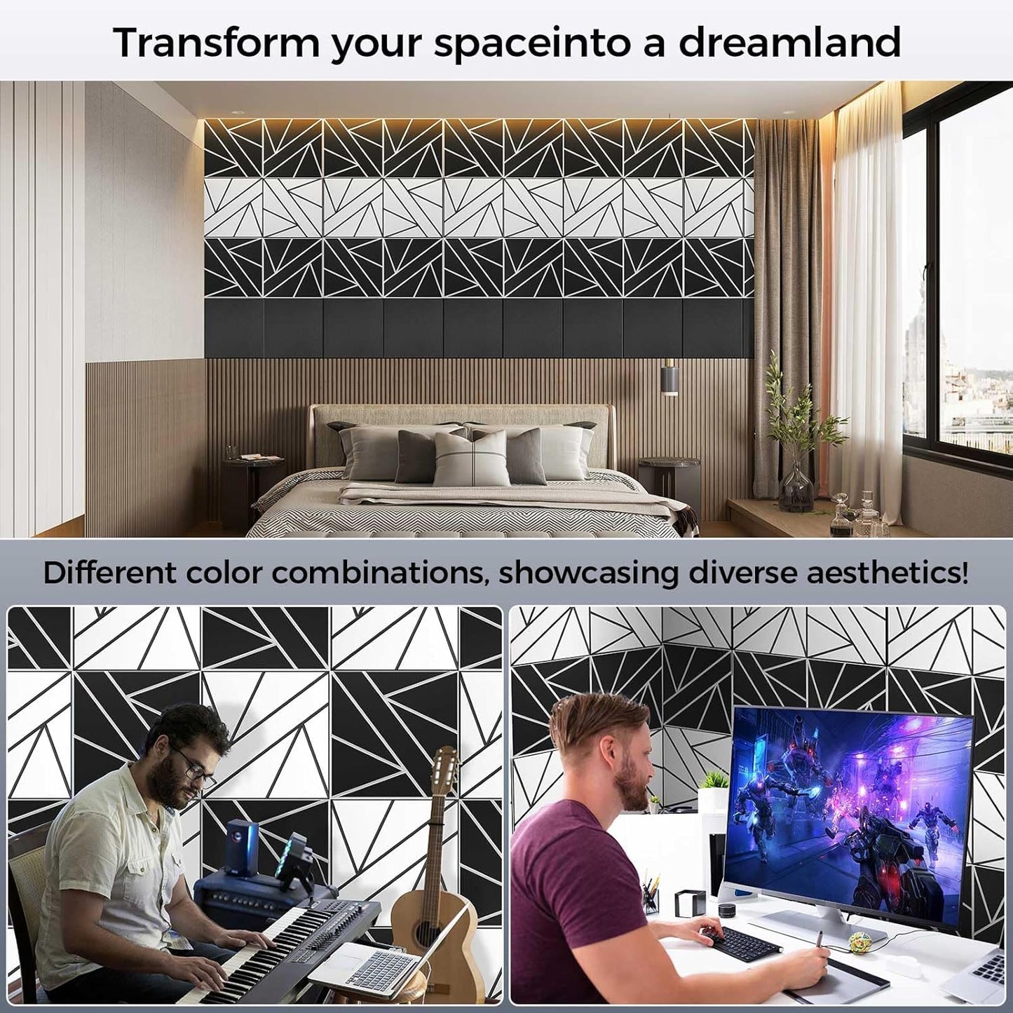 8 Pack 2-Layer Soundproof Wall Panels, 12 x 12 x 0.43 in Sound Proof FoamPanels for Walls, 1.2lb/ft* High Density, Thicker 0.43 in, 3D AcousticPanels,Artistic Noise Dampening Panels White&Black
