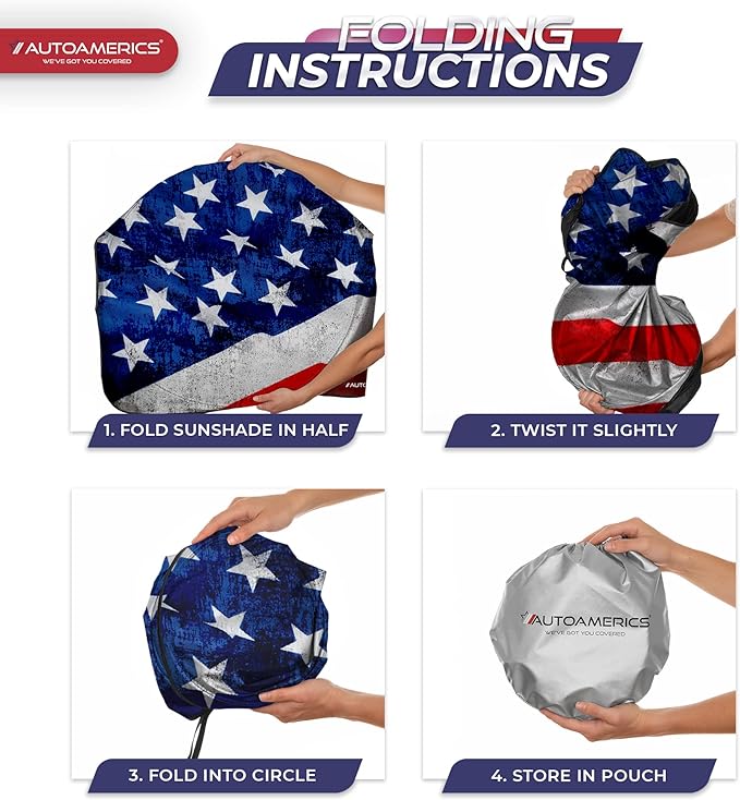 Autoamerics 1-Piece Windshield Sun Shade Grunge American Flag - 4 USA Design - Foldable Car Front Window Sunshade for Most Sedans SUV Truck - Blocks Max UV Rays and Keeps Your Vehicle Cool - Medium