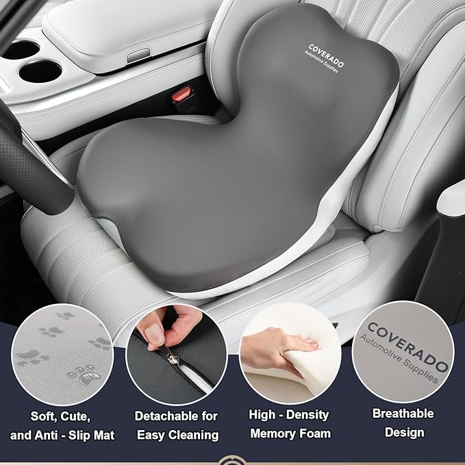 Coverado [Upgraded] Car Seat Cushion and Lumbar Support Pillow One Piece, Memory Foam Ergonomic Back Support Driving Seat Cushion for Back Pain, Non-Slip Washable Cushion for Car, Driver, Office