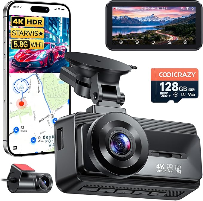 Coolcrazy 4K Dash Cam Front and Rear, STARVIS Sensor, Free 128GB Card Included, 5GHz WiFi-up to 20MB/s, Dual Dash Camera for Cars, Built-in GPS, G-Sensor, WDR/HDR Super Night Vision, 24H Parking Mode