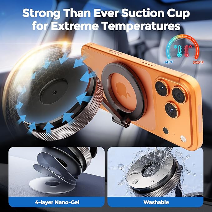 2026 Upgraded Metal Base Vacuum Magnetic Car Phone Holder, 360° Rotatable & Ultra Secure, Super Strong Suction for MagSafe iPhone Android Phone Mount for Car Gym Mirror