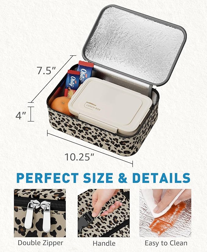 Small Lunch Box Insulated Lunch Bag for Women Men, Bento Kids Lunch Box, Compact Portable Thermal Meal Cooler Bags with Buckle Handle for Work & School, Leopard Print 5L