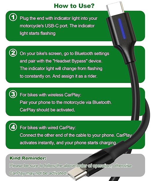2-in-1 Headset Bypass Cable for Motorcycle, CarPlay Jumper Adapter, Enable CarPlay on Harley/Indian/Goldwing Without Bluetooth Headset, USB-C to USB-C Support Charging,Black/3.3Ft