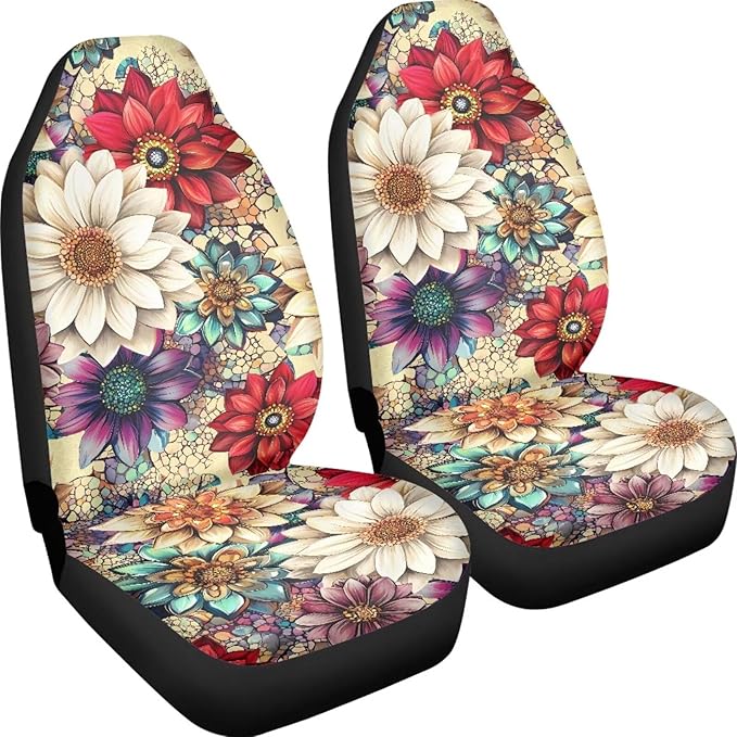 BIGCARJOB Blossom Lotus Car Seat Covers Set for Front Only Boho Lotus Print Car Interior Accessories Cute Seat Protector for Cars Saddle Blanket,Fit Most Vehicle,Cars,Sedan