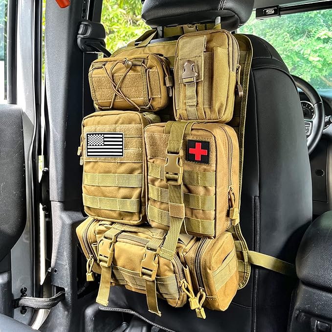 Universal Tactical Seat Back Organizer Vehicle Molle Panel Organizer Storage Bag with 5 Detachable Molle Pouch, Khaki