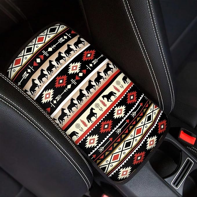 Dreaweet Aztec Ethnic Tribal Horse Car Center Console Cover Southwestern Car Armrest Cover Center Console Cushion Pad Soft Comfy Arm Rest Cover for Car Truck SUV Van