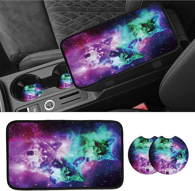 Car Armrest Cover Pads Universal Fashion Cute Auto Center Console Armrest Cover Pad with 2PCS Car Coasters Soft Waterproof Car Armrest Seat Protector for Women, Galaxy Three Wolves
