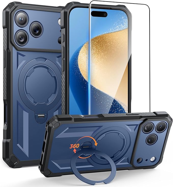 FNTCASE for iPhone 17 Pro Case: [360 Spin Magnetic Ring Kickstand] [Compatible for MagSafe] [Screen Protector] Heavy Duty Military Grade Protection Protective Phone Case with Stand Blue