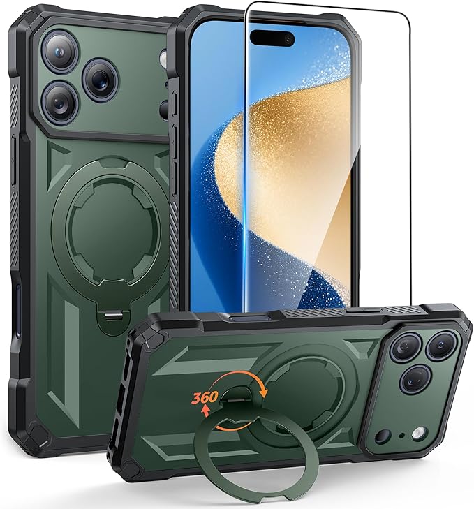 FNTCASE for iPhone 17 Pro Case: [360 Spin Magnetic Ring Kickstand] [Compatible for MagSafe] [Screen Protector] Heavy Duty Military Grade Protection Protective Phone Case with Stand Green