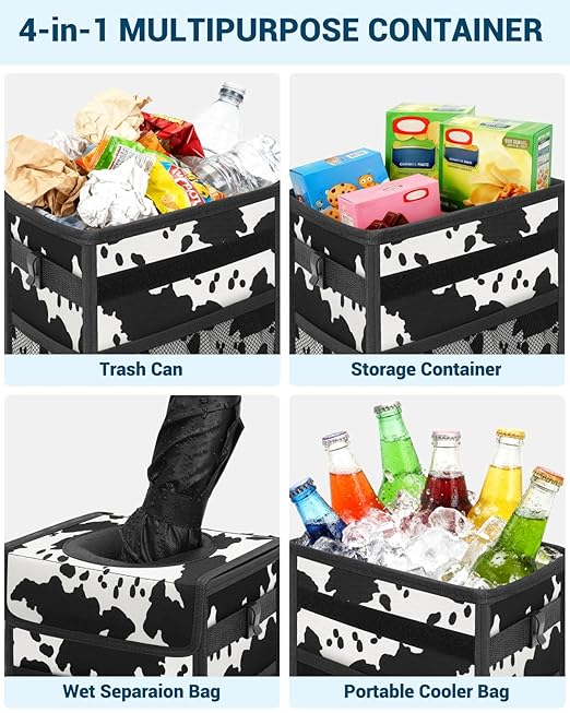 Capolo Car Trash Can with Lid, Leakproof Car Trash Bag Hanging Waterproof Automotive Garbage Can with Storage Pockets Mini Vehicle Trash Bin for Back/Front Seat(Cow Print,3 Gallon)