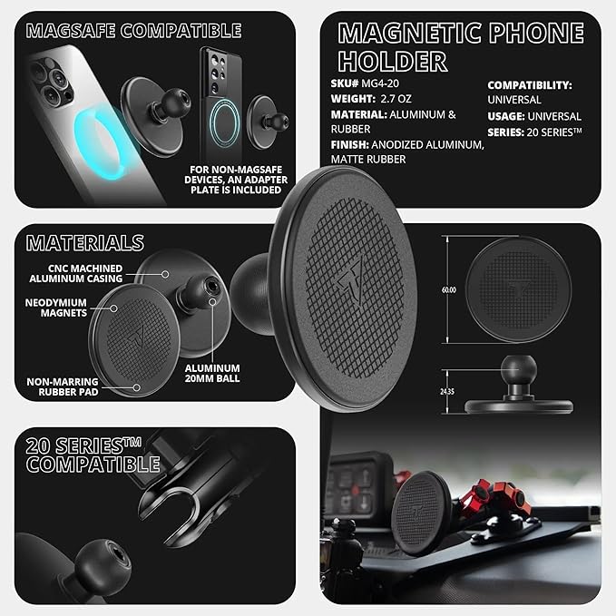 Tackform All Metal Dash Mount Magnetic Phone Holder - Compatible with MagSafe, 2024-2025 Jeep Wrangler JL, 4xe, & Gladiator JT | Carbon Fiber Arm | Compatible with iPhone, Galaxy, More | Black