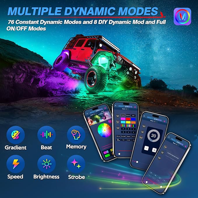 MICTUNING Y1 RGB+IC Dream Color Rock Lights - Upgraded 12 Pods Underglow Light with Chasing Effect, Wheel Well Light with Wiring Switch Kit, Bluetooth APP Control, Extensible Up to 24 Pods