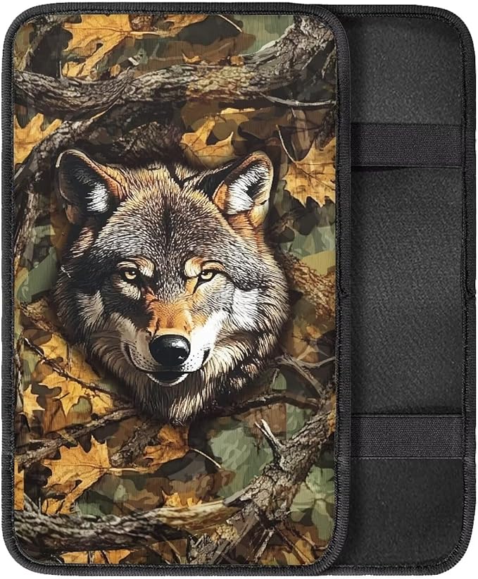 Leaves Wolf Console Center Armrest Lid Cover Protector Car Armrest Storage Box Mat Interior Accessories for Most Vehicle, SUV